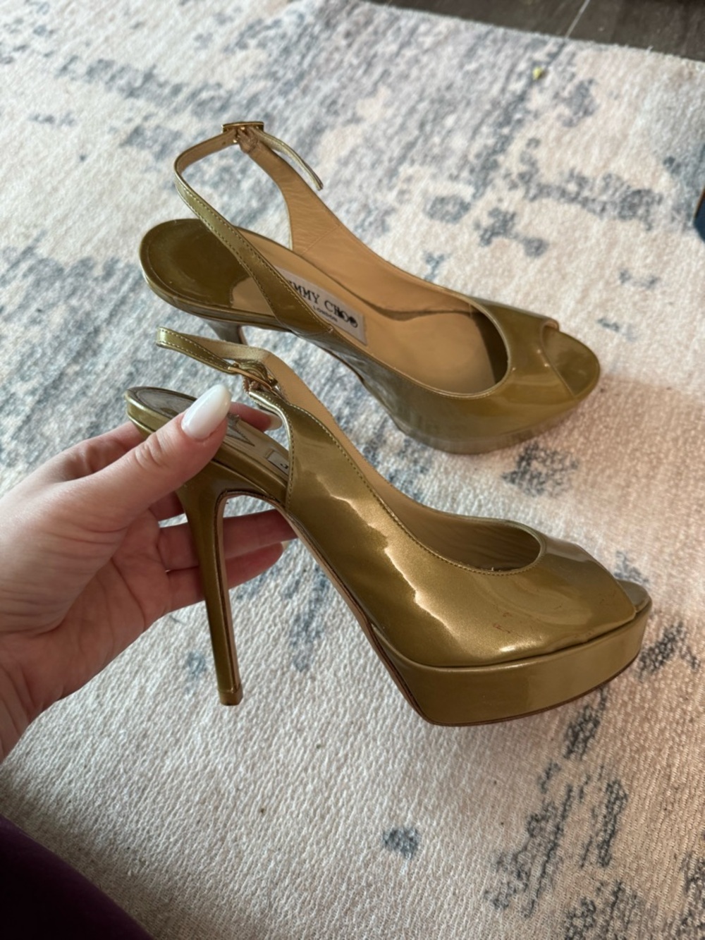Jimmy Choo Taupe Patent Peep-Toe Stiletto Pumps